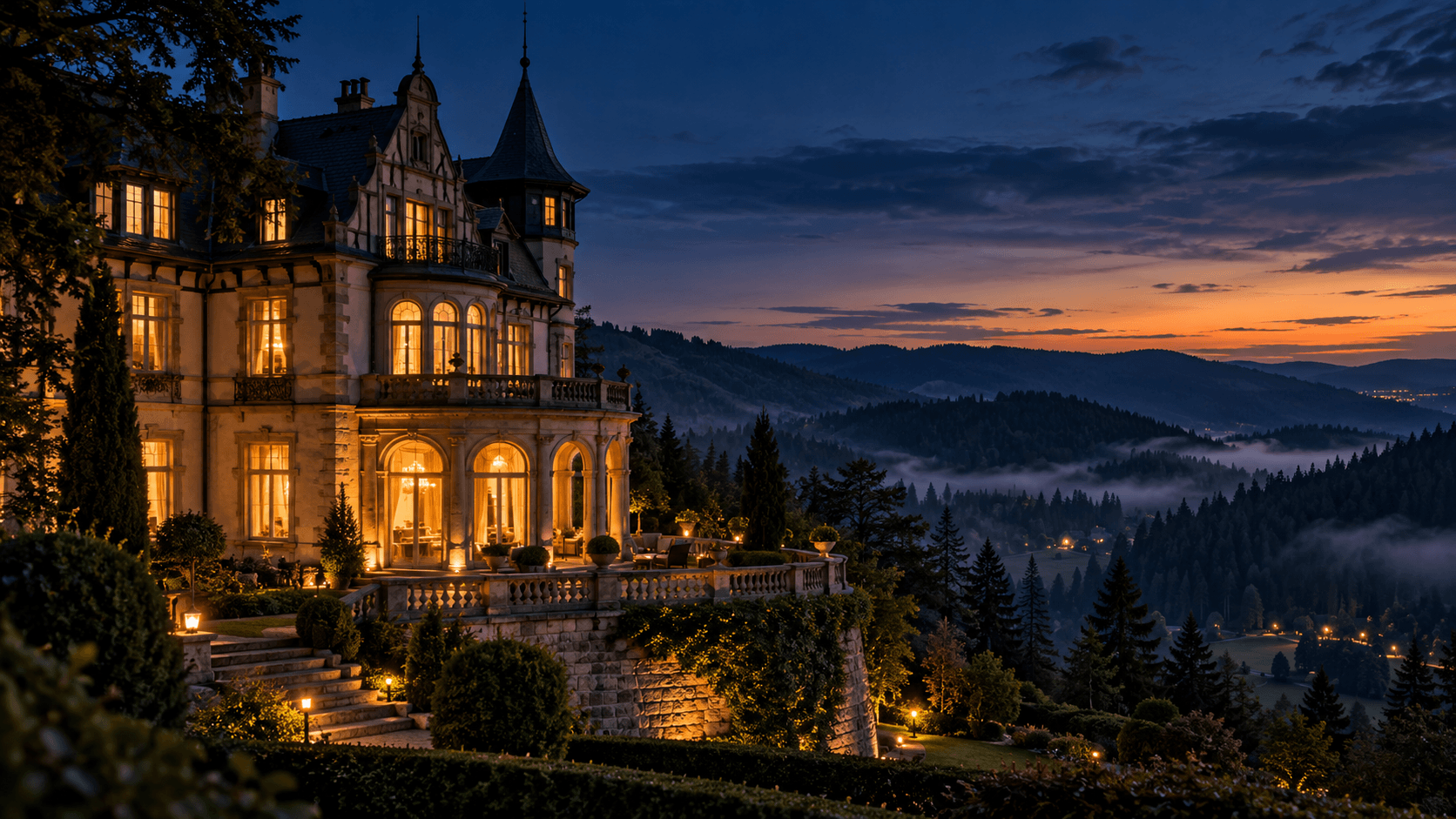 Villa im Schwarzwald im Abendlicht als Sinnbild für einen etablierten Anbieter