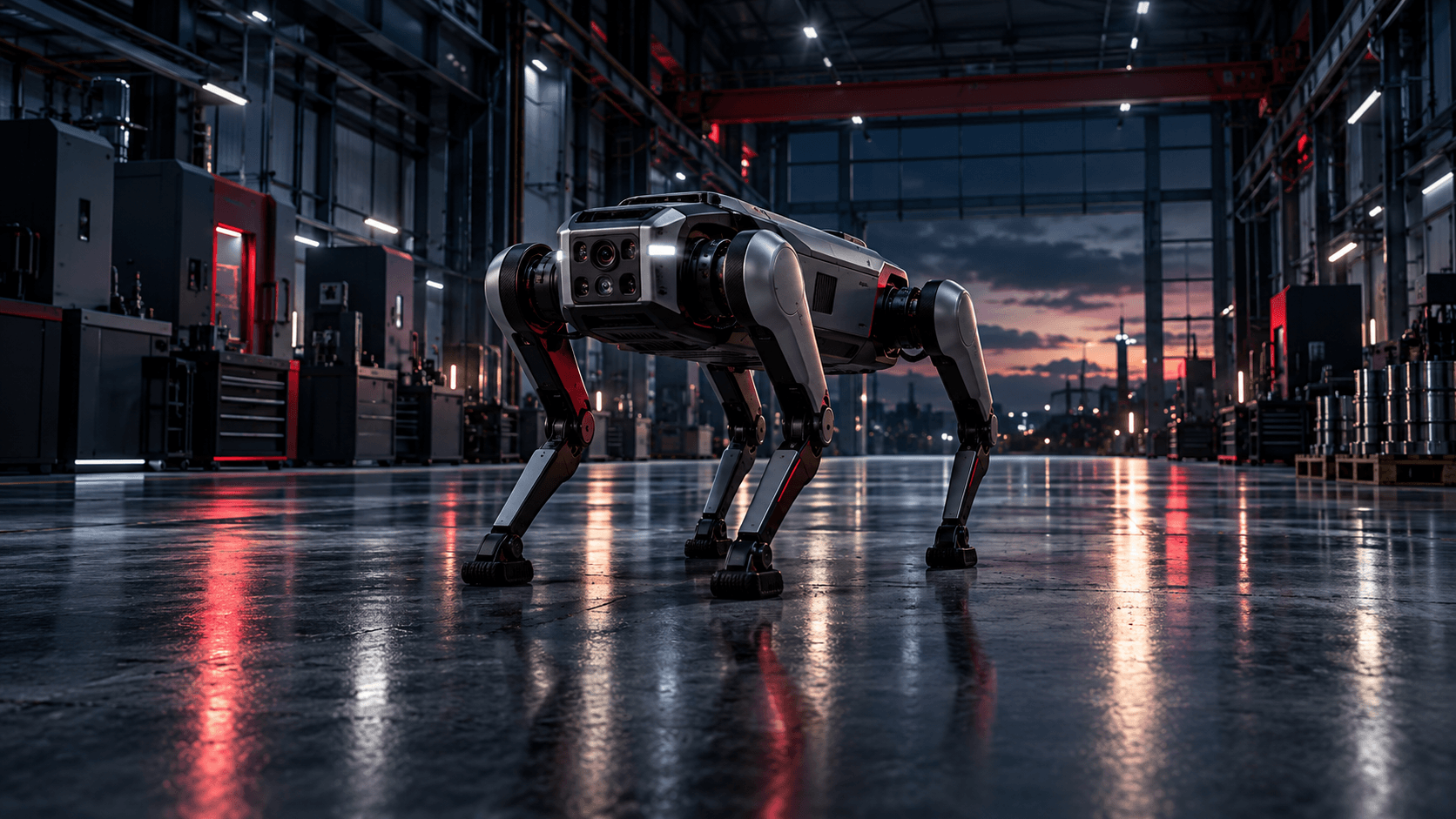 Roboterhund in einer Industriehalle in der Dämmerung