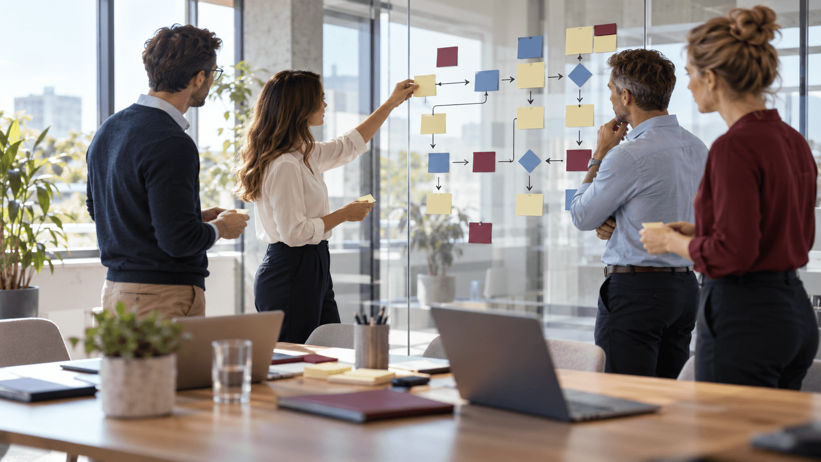 Team entwickelt gemeinsam einen Prozess am Flowchart
