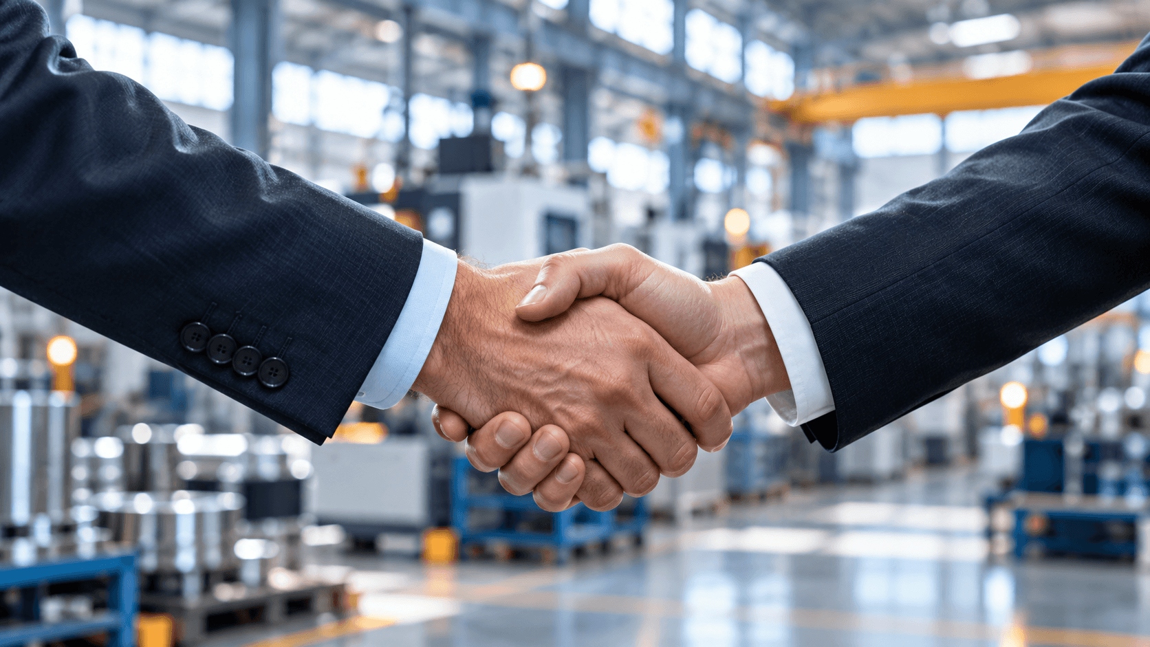Handschlag zwischen zwei Geschäftspartnern in einer Fabrikhalle