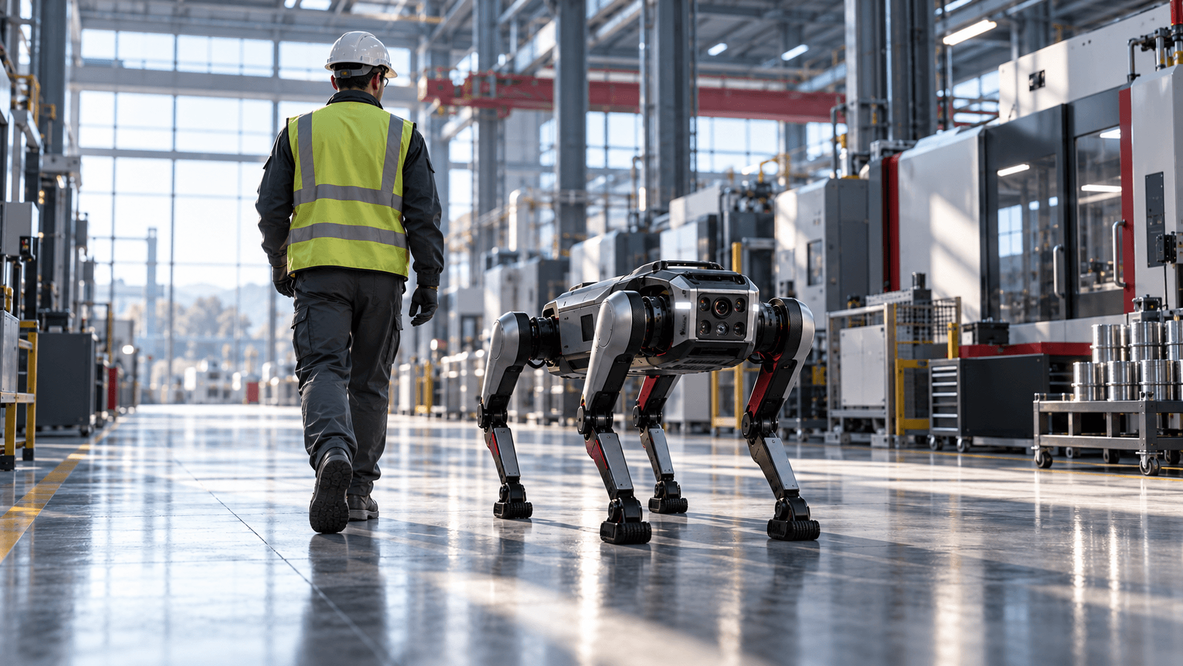 Mitarbeiter bei einem Inspektionsgang mit Roboterhund im Hightech-Werk