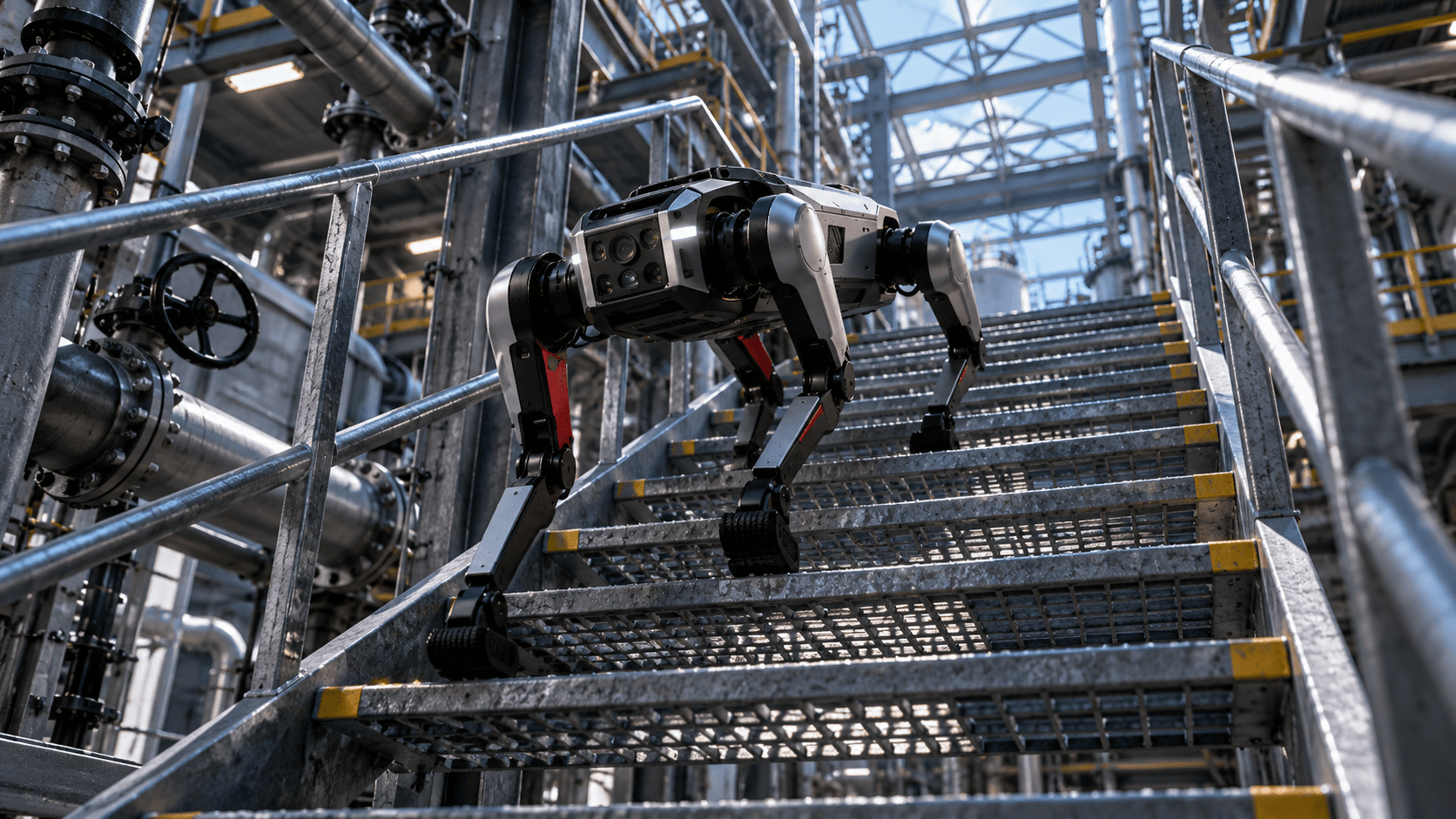 Roboterhund erklimmt eine Industrietreppe