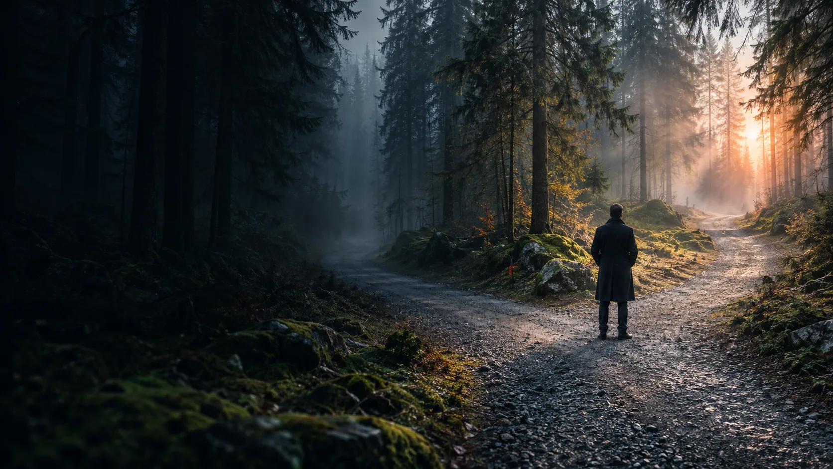 Weggabelung im Schwarzwald mit einer Person, die eine Entscheidung trifft